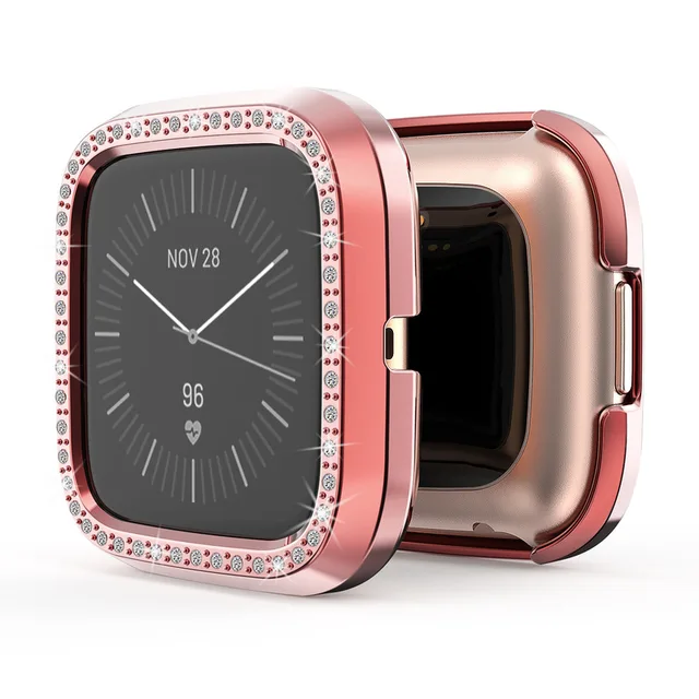 Bling Protector Case for Fitbit Versa 2 Women Girl Jewelry Crystal Diamond Watch Protection Bumper Cover for Fitbit Versa Lite Rose Pink  