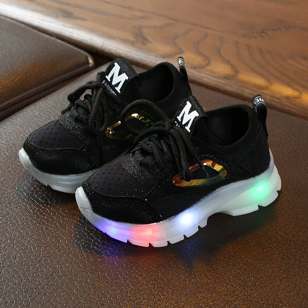 Kid Girls Boys Led Light Luminous Sport Trainer Mix Colors Letter Printed Outdoor Casual Shoes Breathable Lightweight Hook & Loop Sneaker for 1-6 Years Old Childrens Mesh Sneakers 