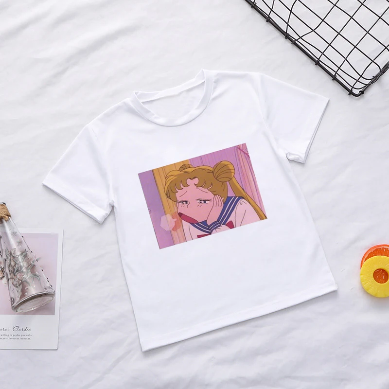 Детская футболка с забавным принтом в стиле аниме Сейлор Мун Новая летняя футболка Модные топы для девочек, Harajuku, футболка для мальчиков белая одежда