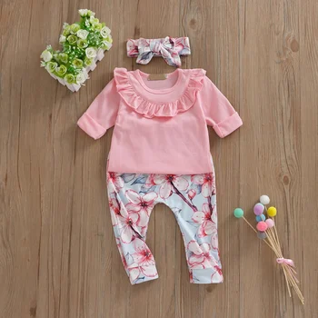 

Spring Autumn Casual Baby Girl Long Sleeve Top And Flower Printing Trousers And Headband Kids Three-piece Outfit Set Drop