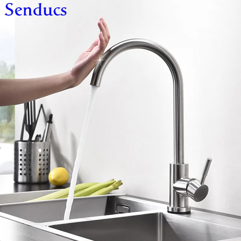 

Smart Touch Kitchen Faucet Senducs 304 Stainless Steel Kitchen Mixer Tap Quality Brushed Touching Faucet Sensor Bathroom Tap