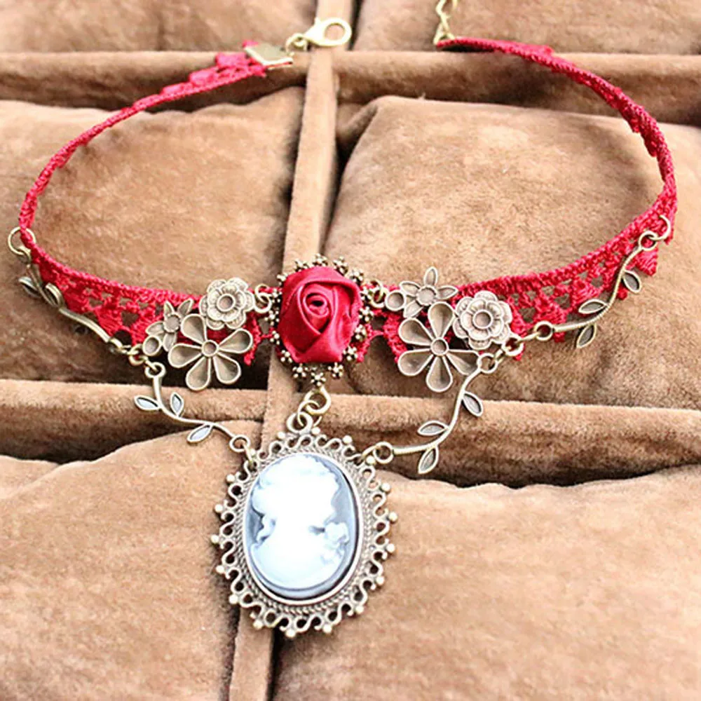 

Stylish Cameo Red Rose Lace Necklace Jewelry Women Gift Xmas Pendant necklaces 2020 Dress statement Accessory Collana di moda