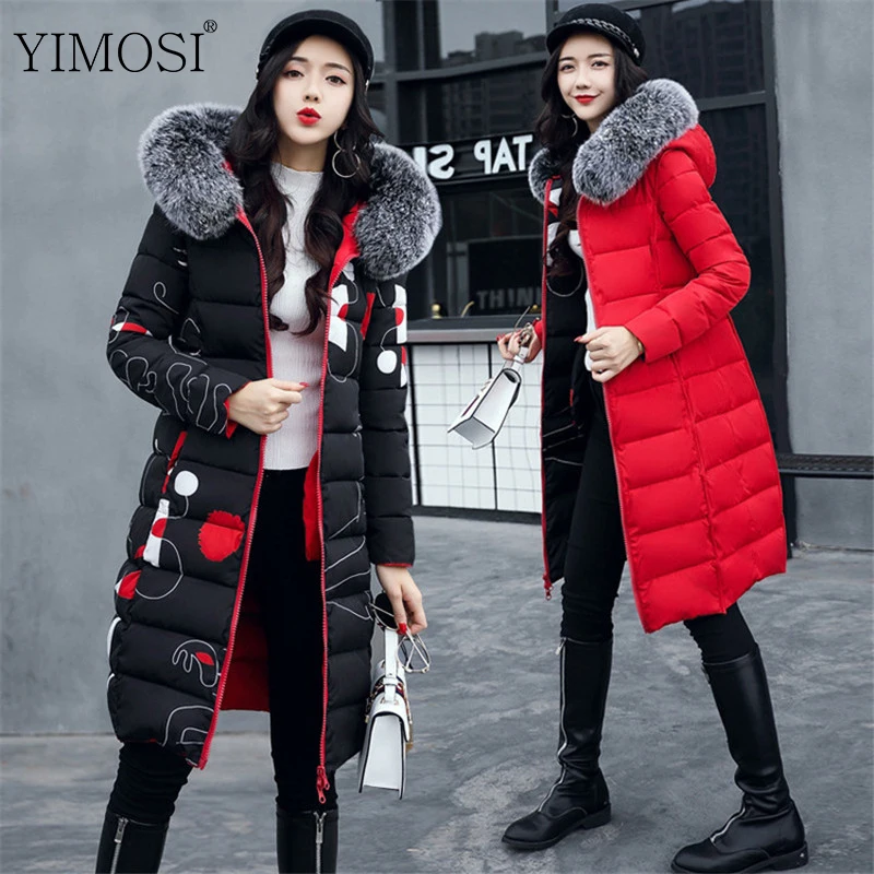 

Women Parka Winter Jacket 2019 Casual Print Slim Cotton Long Jacket Thick Warm Large Fur Collar Female Jacket Coat Plus Size