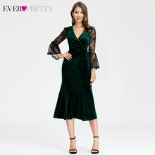 Элегантные велюровые вечерние платья Ever Pretty EP07301DG 3/4 кружевные короткие вечерние платья Русалка с расклешенными рукавами и v-образным вырезом Lange Jurken
