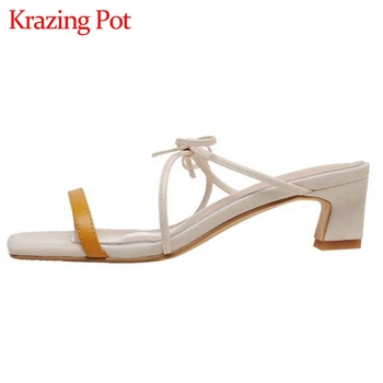 

Krazing pot 2020 best saling full grain leather mixed color peep toe high heels slip on brand shoes young lady sandals women L86