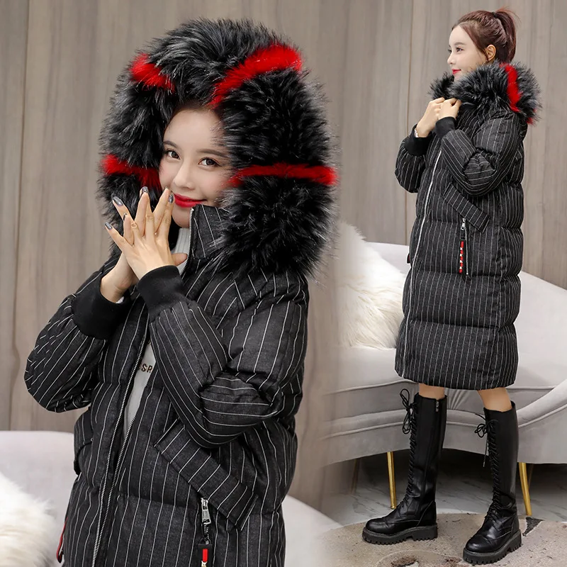 

2019 New Style Stripes Slim Fit Large Fur Collar Waist Hugging Mid-length Thick down Coat-Style Coat WOMEN'S Cotton-padded Cloth