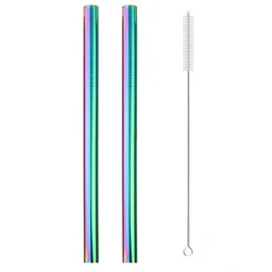 Set of 2 Reusable Extra - Wide Stainless Steel Straws with Cleaning Brush (Rainbow)