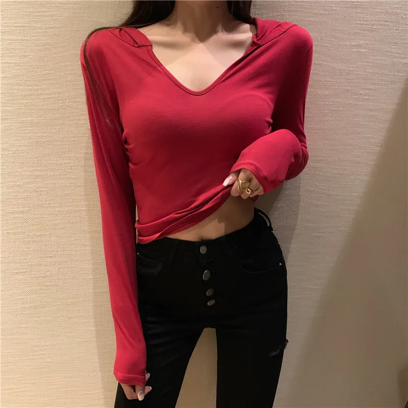 Bella philosophy 2020 women solid Long sleeve Hooded T-shirt V-neck Sexy Slim Korean Short Tee Fashion Tops Harajuku Hoodies | Женская