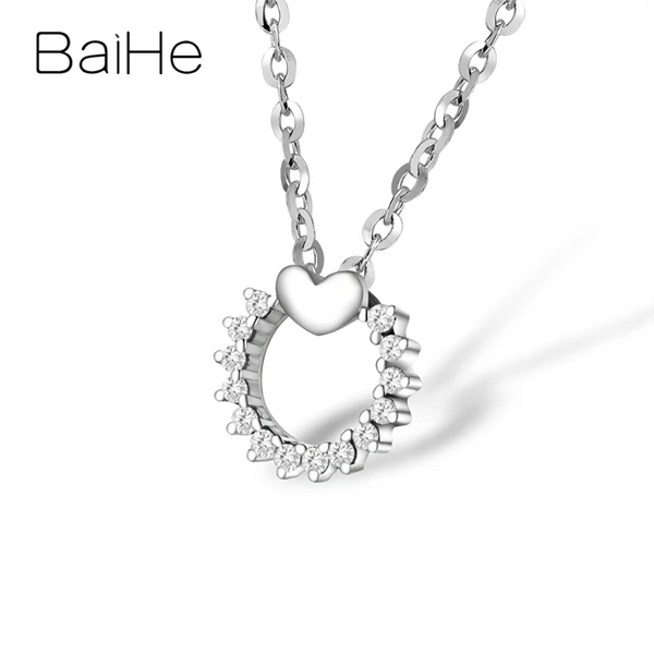 BAIHE Solid 18 K, белое золото, сертифицированный 0.08ct H/SI круглый, натуральные бриллианты, женское изысканное украшение на свадьбу, Подарочные ожерелья