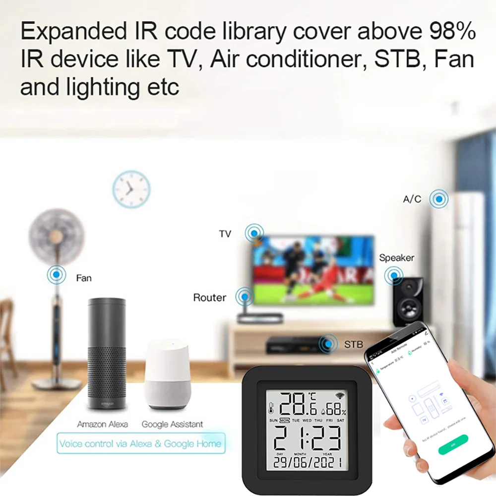 Tuya Smart Universal IR Remote smart universal remote control wireless remote controller smart ir remote control bluetooth voice remote control with Temperature Humidity Sensor smart temperature sensor smart thermometer temperature humidity meter for Air Conditioner TV AC Works with Alexa Google Home Yandex
