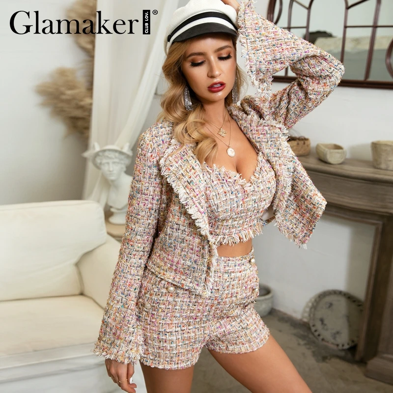 Женский твидовый короткий Блейзер Glamaker Осенний офисный блейзер из трех