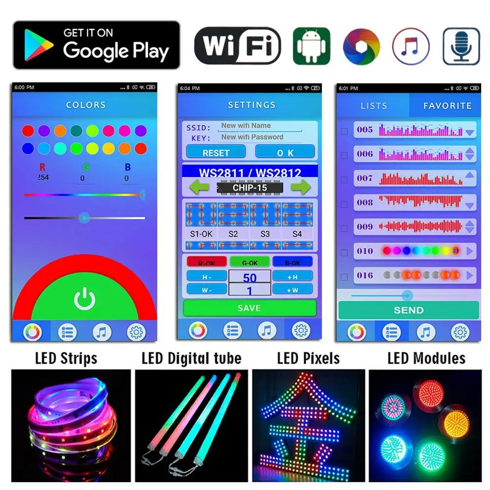 WiFi, SPI, Espectro de Música, RGB, WS2812B, 8-2048, LC2000B, WS2812B