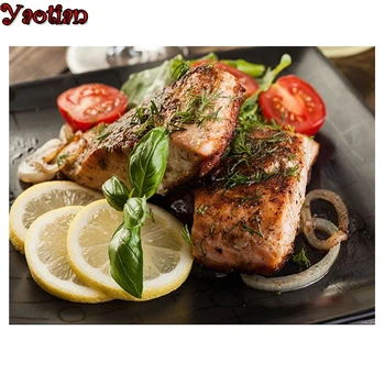 

Full Square/Round drill diamond Painting Meat steak with lemon 5D DIY diamond embroidery Rhinestones mosaic kitchen Decoration