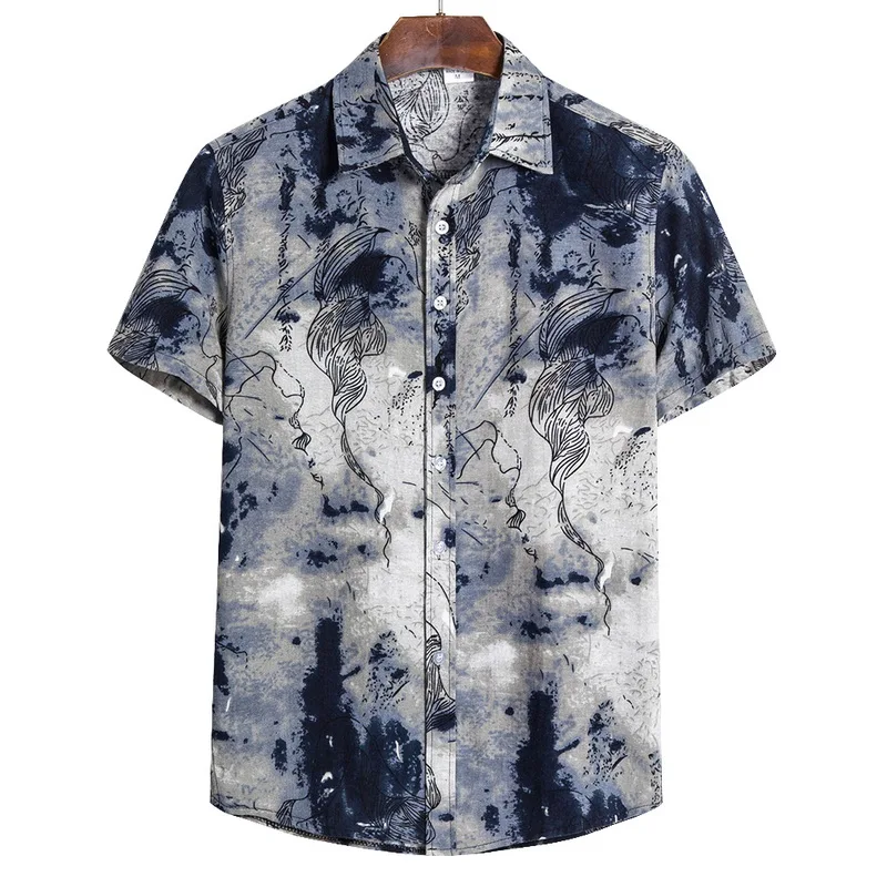 Loose Male Shirt 2020 New Arrivals Mens Ethnic Printed Turn Down