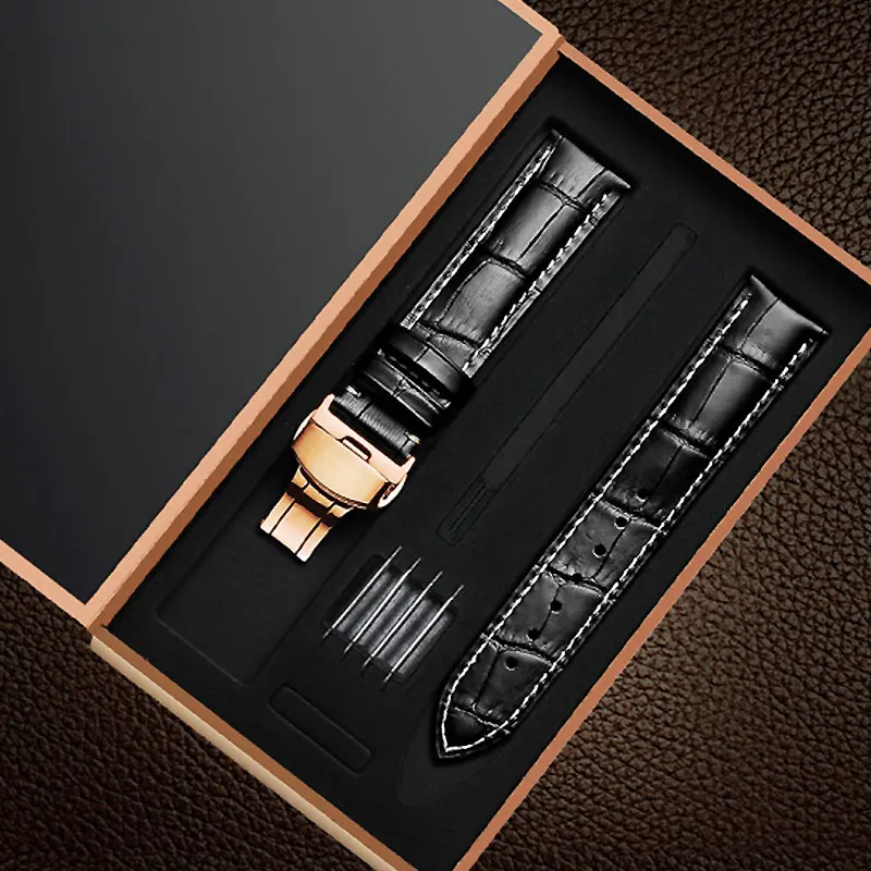 Rosegold-Black white UTHAI Z06 Plus Ремешки для наручных часов из натуральной кожи 14-24 мм Универсальные часы с бабочкой и пряжкой стальной ремешок с пряжкой+ Высококачественная подарочная коробка - Цвет ремешка: Rosegold-Black white