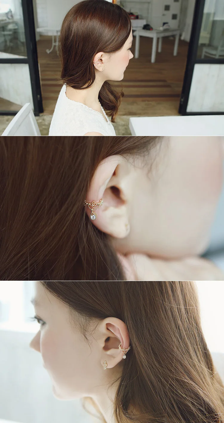 2021 Korean Trendy Temperament Crown Water Drop Ear Bone Clip Cute And Sweet No Pierced Rhinestone Ear Clip Earrings Jewelry