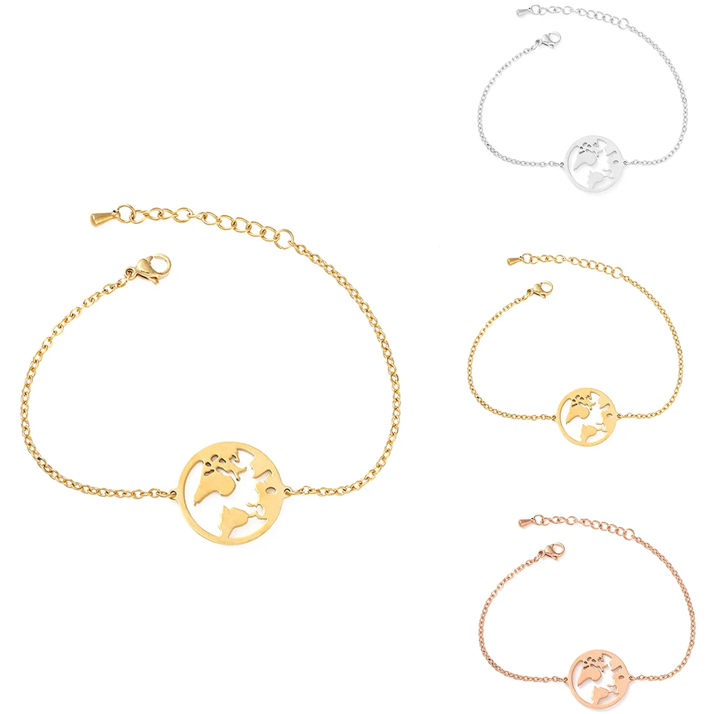 

World Map Bracelets For Women Travel Jewellery Rose Gold Chain Friendship Sister Gifts Globe Bracelet Femme
