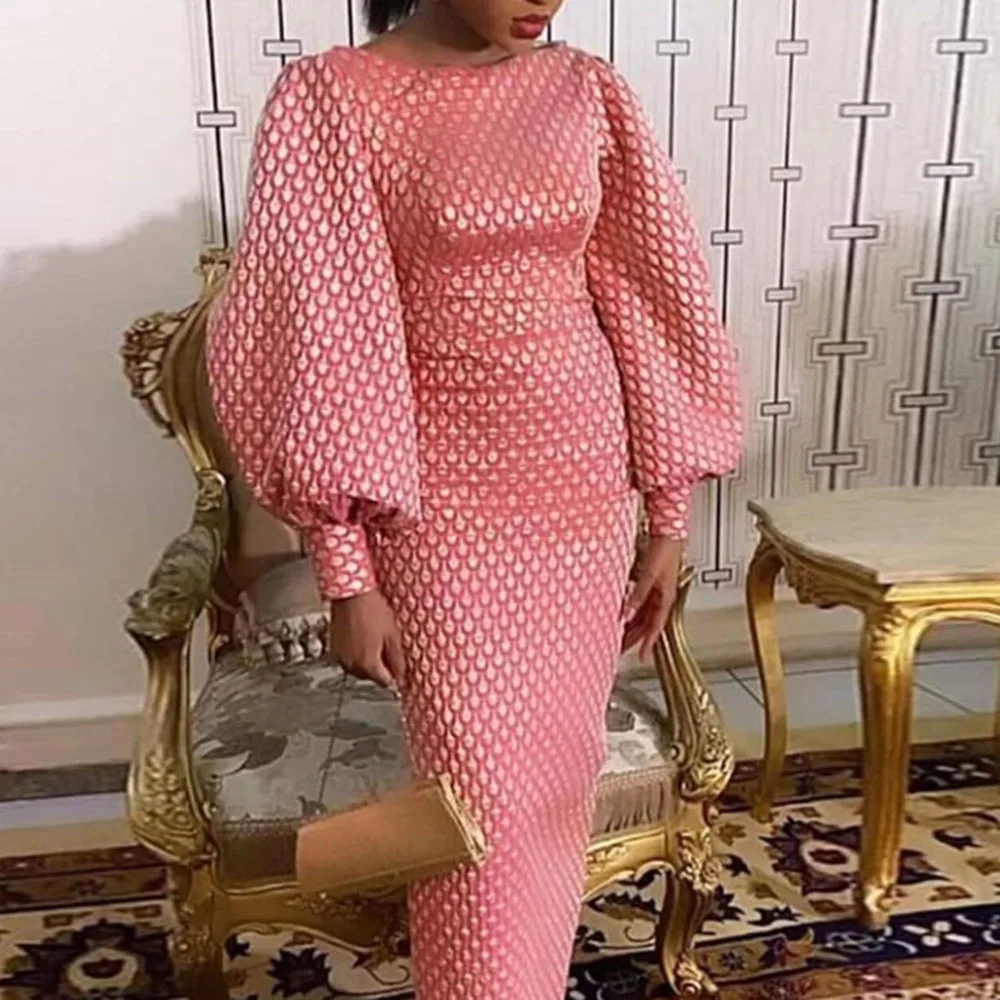 Pink Print Retro Vestidos Bodycon Package Hip Autumn Winter Party Dress Long Elegant African Women Vintage Lantern Sleeve Dress