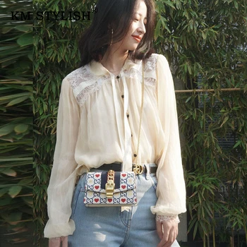 

KM Stylish 2019 New Women Long-sleeve Lace Shirt Hollow Out Patchwork Bow Button Casual Blouse Female Peter-pan Collar Top
