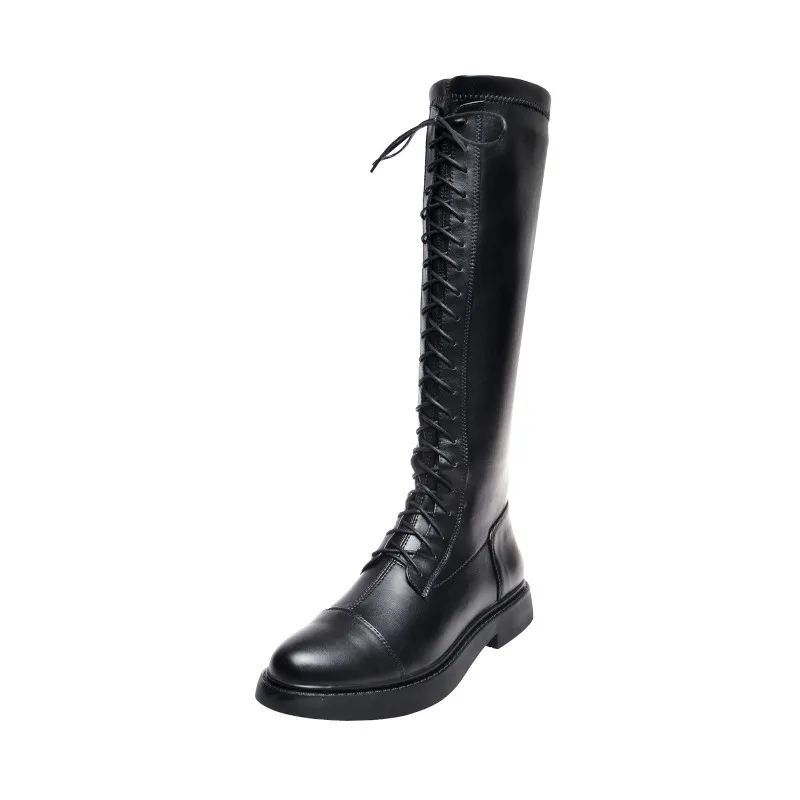 black cowhide MORAZORA/ г., зимние теплые новые модные женские ботинки простые однотонные сапоги до колена из высококачественной натуральной кожи на шнуровке - Цвет: black cowhide