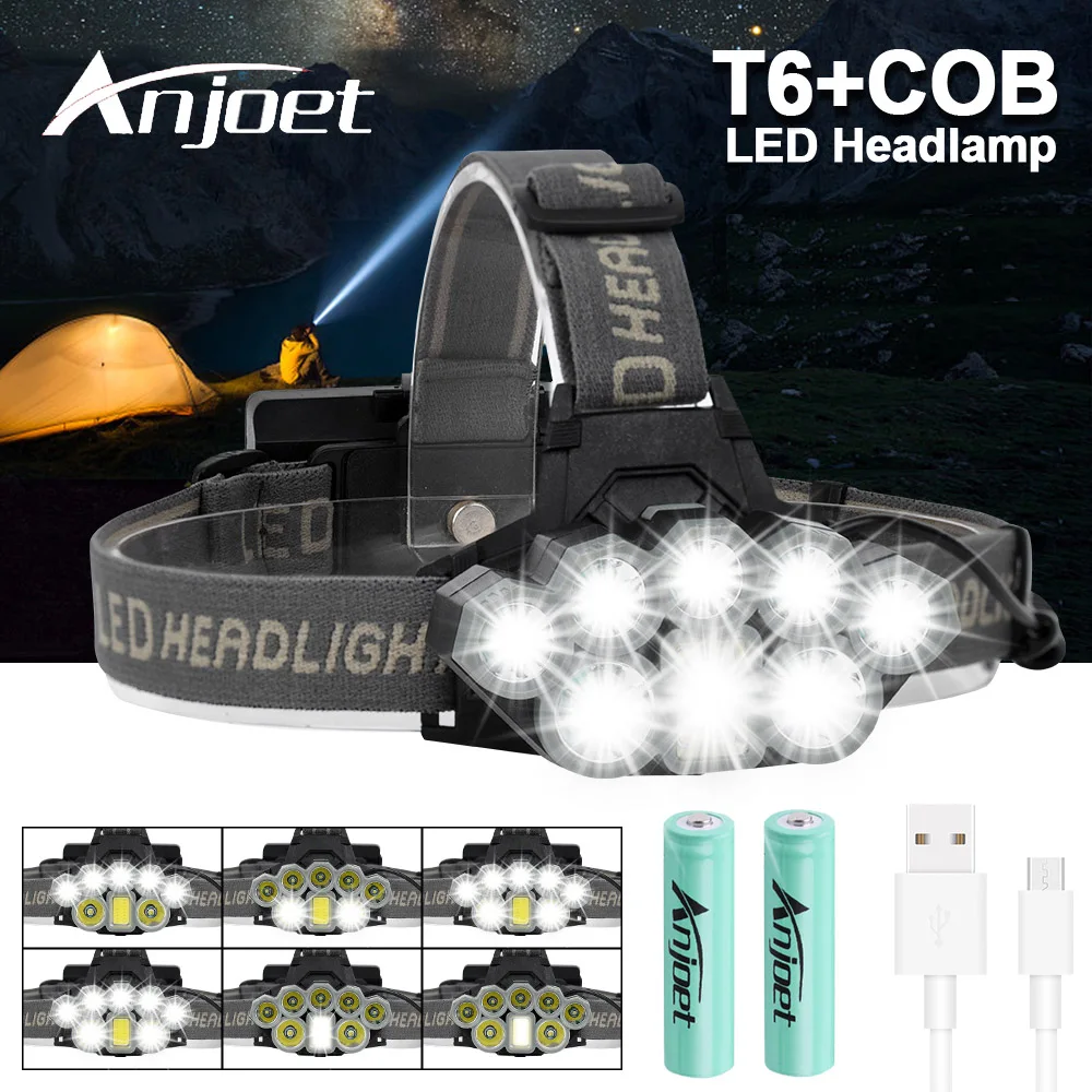 Best Anjoet 8LED USB Rechargeable Headlight Headlamp 2*T6+5*Q5+1*COB LED Head Lamp Flashlight Torch Head Light Lantern 18650 Battery