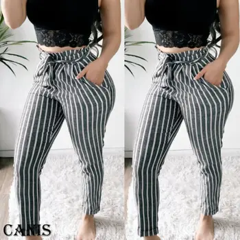 

Women High Waist Paperbag Trousers Bandage Ladies Striped Casual Straight Long Pants Hot