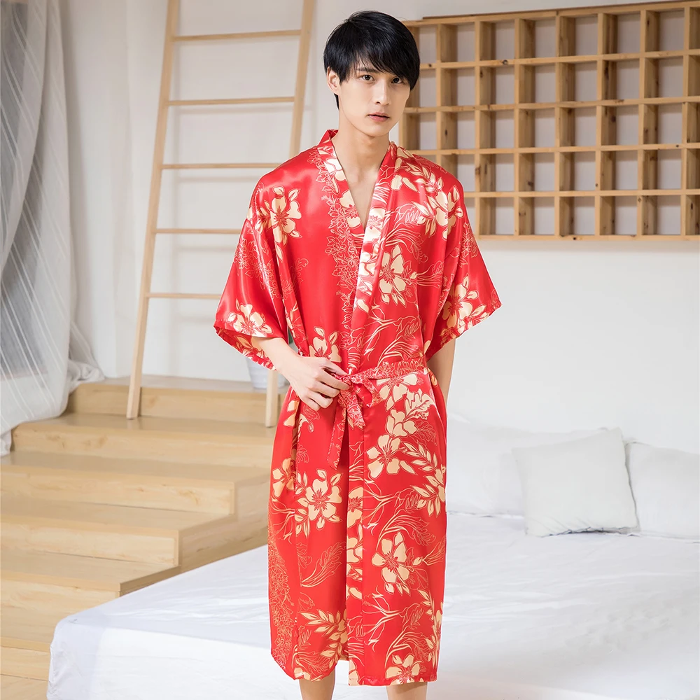 Navy Blue Men Kimono Robe Comfortable Soft Satin Bath Gown Intimate Lingerie Summer Casual Half Sleeve Home Wear Sleepwear