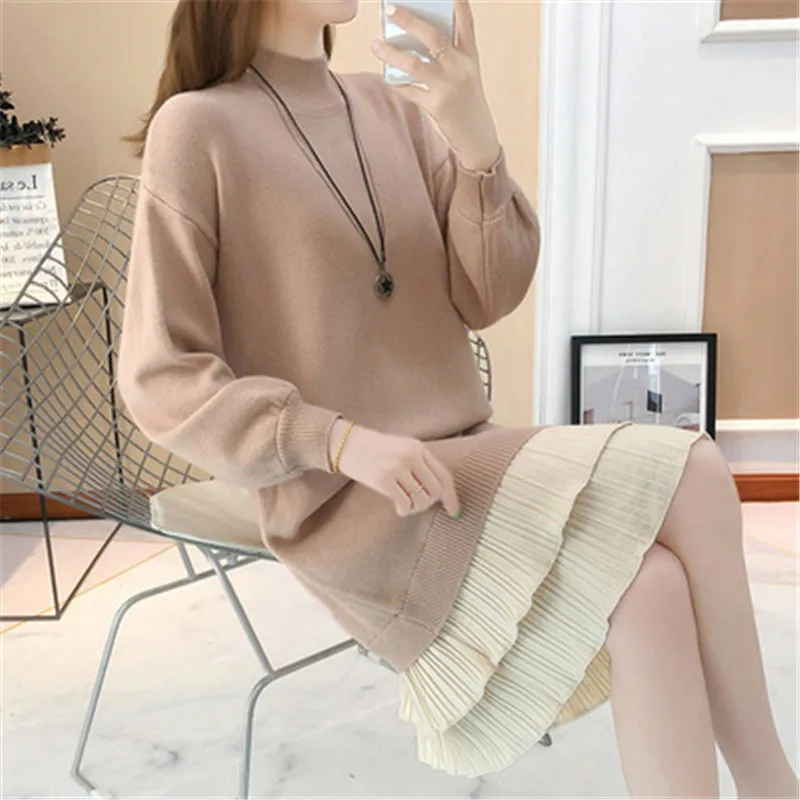 Turtleneck Sweater Dress Women Fashion Autumn Winter Knitted Pullovers Sweaters Long Sleeve Loose leisure Sweater G1268