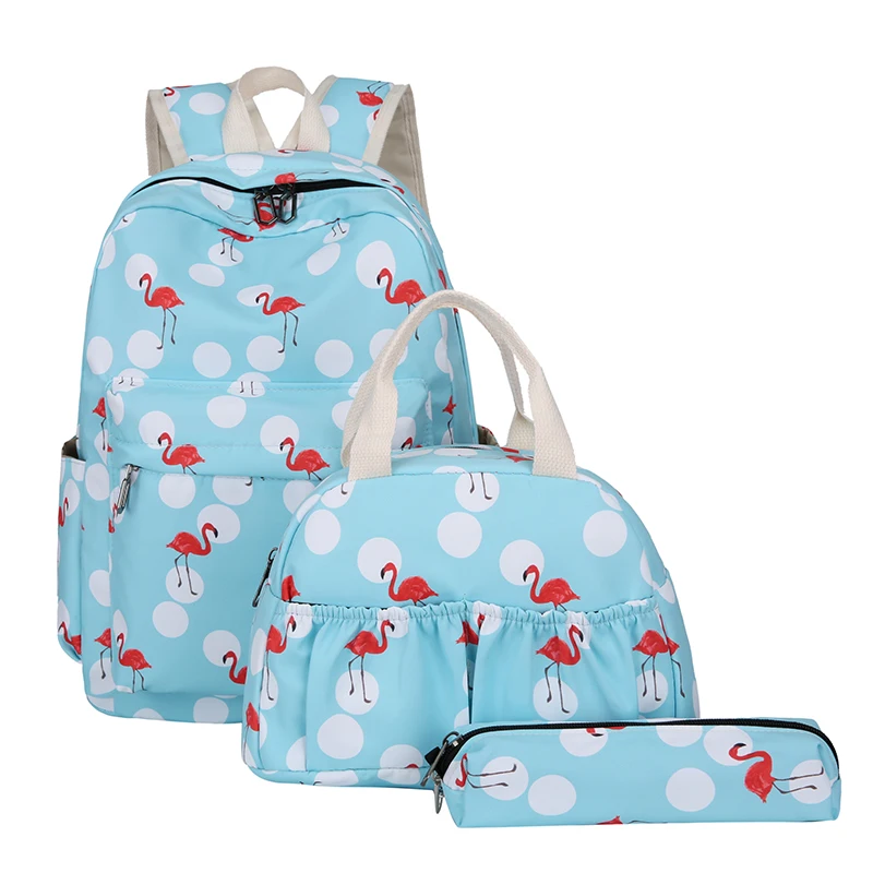 Sky Blue Flamingo 3 шт./компл. женские школьные рюкзаки Оксфорд школьная сумка для подростков девочек рюкзак для студентов сумка+ крышка для еды сумка Mochilas 5657 - Цвет: Sky Blue Flamingo