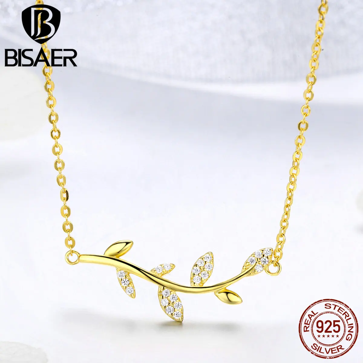 BISAER специальное Настоящее 925 пробы Серебряное Оригинальное золотое ожерелье ветка для женщин подарок для помолвки вечерние свадебные HSN316