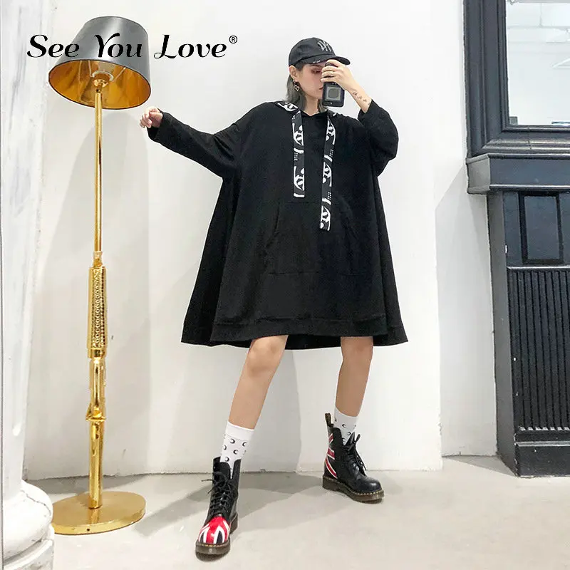 

Loose Fit Black Letter Printed Long Oversized Sweatshirt New Hooded Long Sleeve Women Big Size Fashion Autumn Winter Sweatshirts