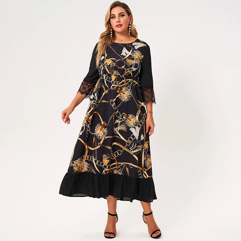 2022 New Summer Maxi Dress Women Plus Size Black Lace Patchwork 3/4 Sleeve Golden Chain Printing Ruffle Hem Loose Vintage Robes |