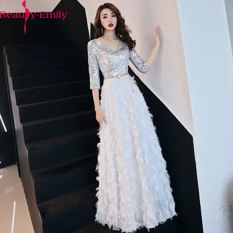 

Charming V Neck Shine Sequined Evening Dress Elegant Zipper Back Three Quarter Sleeve Formal Dress with Sashes Vestido De Festa