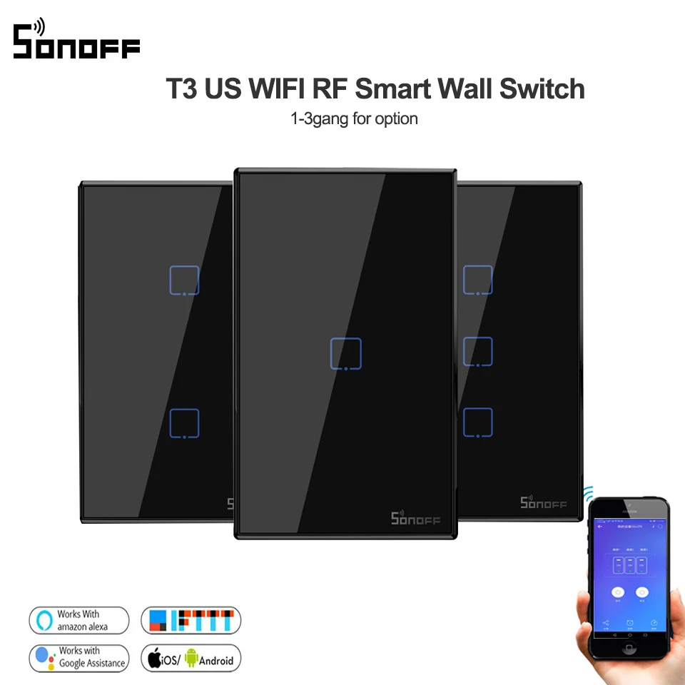 

Sonoff T3 black US 1/2/3 gang 433 RF Remote Controller Smart Wifi Switch With Border timer switch Works With Alexa Google Home