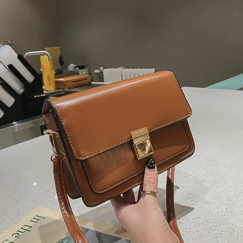

Fashion New Style 2019 Korean-style Lock Square Sling Bag Pu Simple Solid Color Retro WOMEN'S Bag Shoulder Oblique Bag