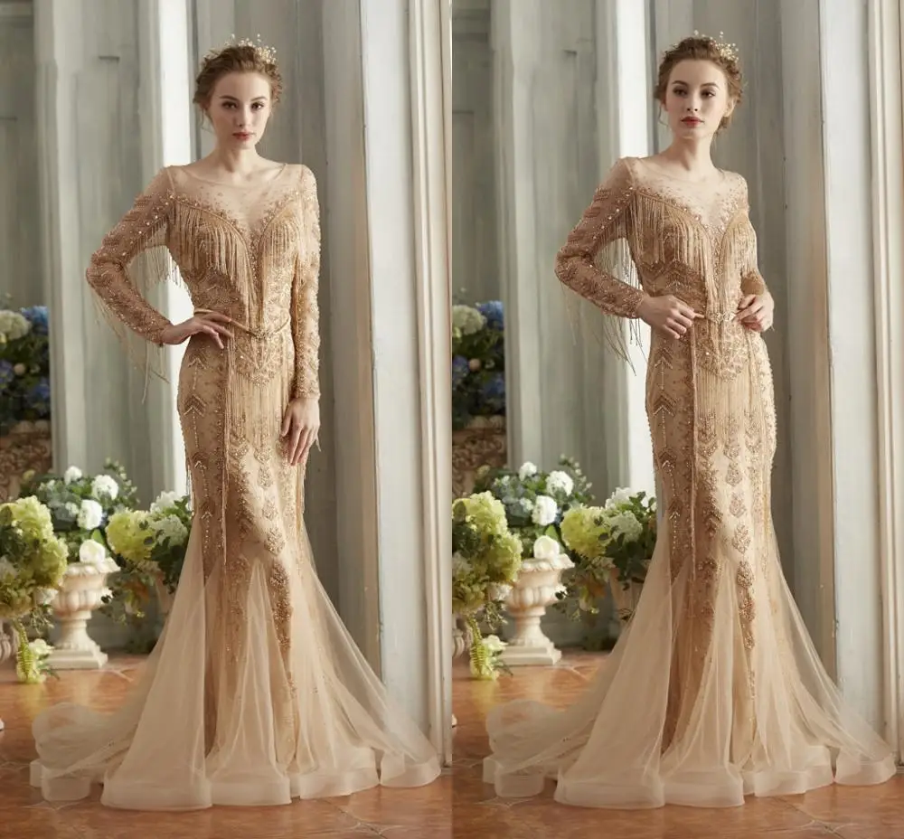 

Vestidos de Noiva Dubai Beading Tassel Luxury Sexy Evening Dresses 2019 Illusion Long Sleeves High-end Evening Gowns Prom Dress