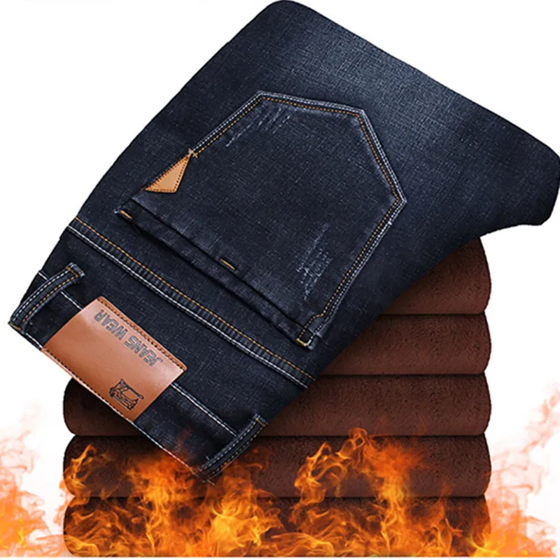 Зимние джинсы для мужчин 2 цвета Slim Fit стрейч толстые бархатные джинсовые штаны теплые джинсы для мужчин модные повседневные флисовые брюки мужские