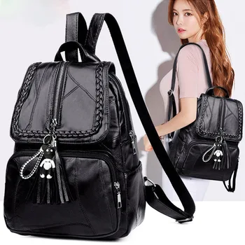 

Bag Woman 2020 New Double Shoulder Bag Splicing Washing Backpack Fashion Soft Leather Large Capacity Mother Bag