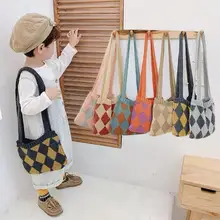 

Winter Children's Wool Crossbody Bags Kids Boys Coin Purse Small Tote Handbags Vintage Plaid Girls Baby Knitting Shoulder Bag