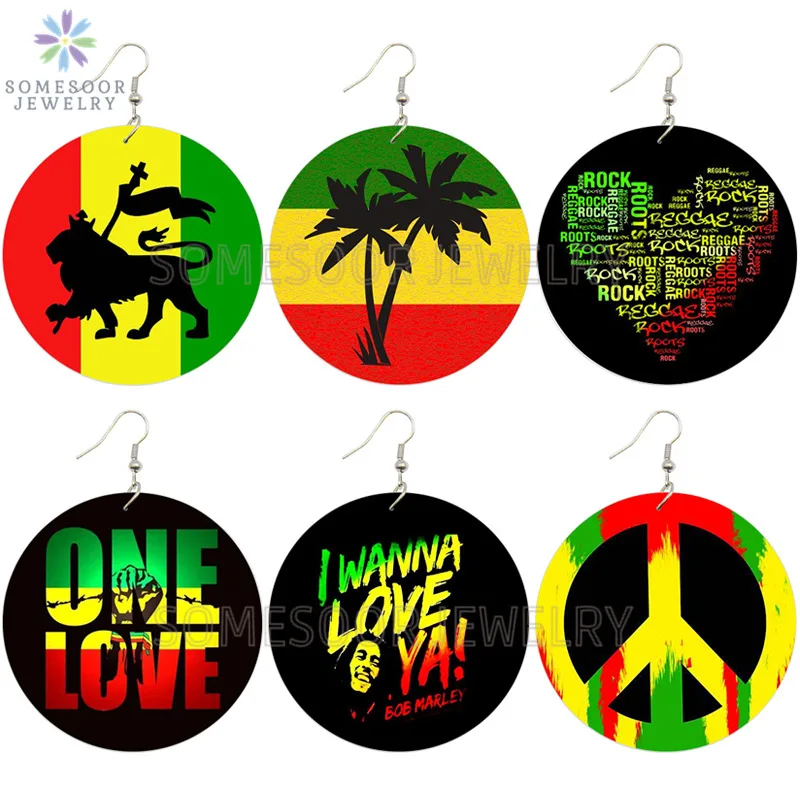 SOMESOOR One Love YA Africa цвета деревянные висячие серьги символ мира Лев Черный Рок поговорки афро мощность Висячие серьги для женщин Подарки - Окраска металла: Mixed 6Pairs