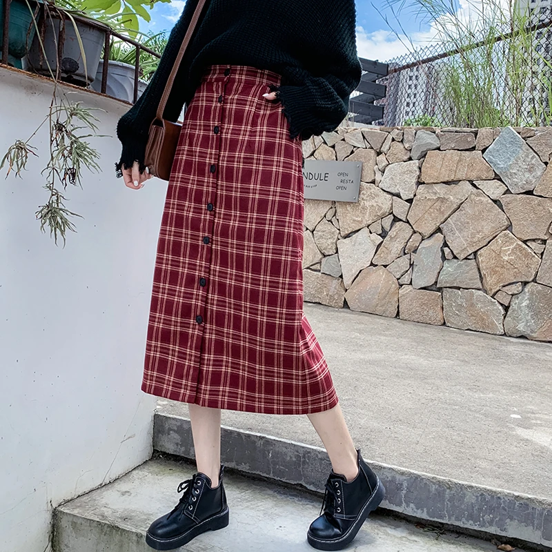 Зимние женские юбки, Ретро стиль, Boho, клетчатая юбка средней длины, для девочек, высокая талия, трапециевидная юбка, однобортная уличная одежда