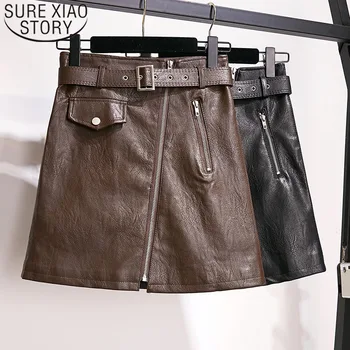 

Faldas mujer moda 2019 Streetwear Solid A-Line Rivet high waist skirt black skirt womens leather mini skirts korean 7483 50