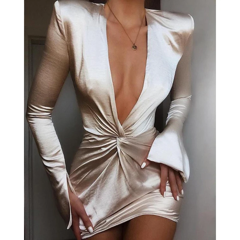 

2019 Autumn Women Elegant OL Style Party Mini Dress Female Sexy V Neck Casual Dress Plunge Twisted Design Slit Cuff Dress