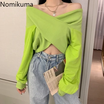

Nomikuma V Neck Long Sleeve Sexy T Shirt Women Cross Design Solid Color Casual Loose Tshirts Female 2020 New Crop Tops Tee 3a804