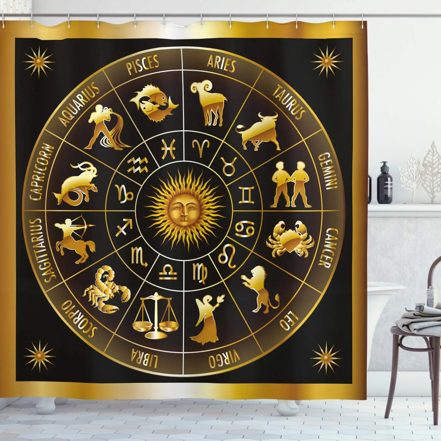 Waterproof Fabric Shower Curtain Set Circle with Signs of Zodiac Constellations