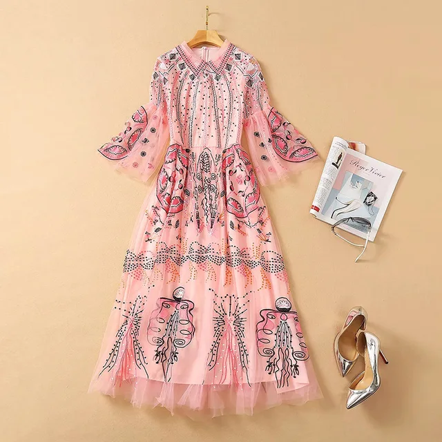 $US $203.00 2021  Long Dress  Spring Summer Dress Mid Calf  3/4 Sleeve Empire Lapel Neck Flora Print Fashion Dress Embroidery  Pink