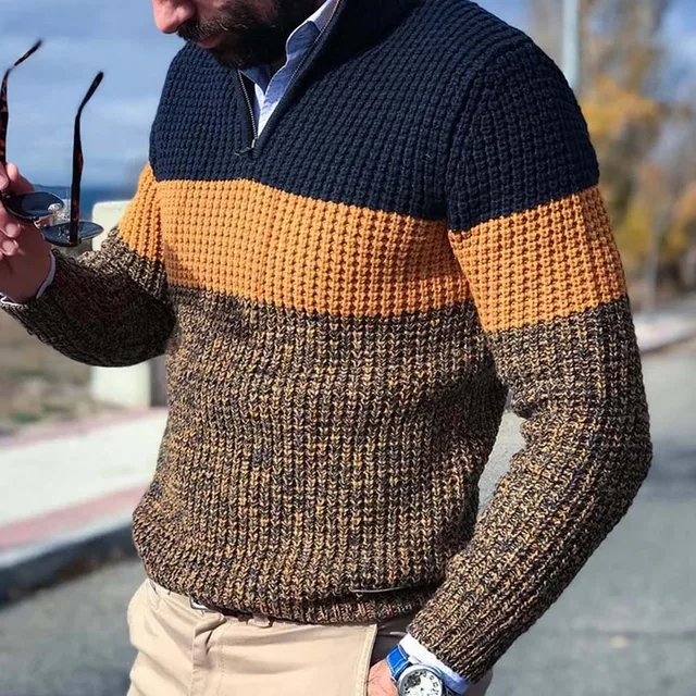 Men Sweater Color Block Stand Collar 