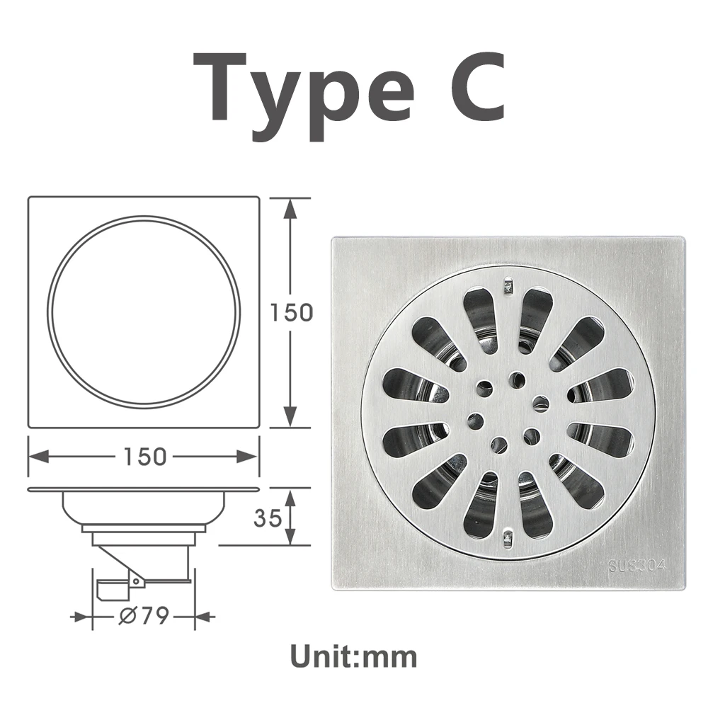 Type C 15cm x 15cm Квадратный трапик из нержавеющей стали анти-запах проволочный сетчатый фильтр Слива ванная, туалет, кухня Балкон большой поток воды - Цвет: Type C 15cm x 15cm