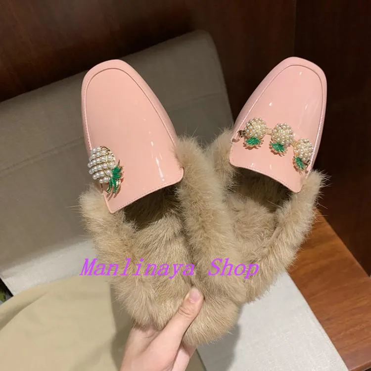 as picture Теплые плюшевые Ctystal ананас; женские тапочки; женские сабо; Асимметричные женские зимние шлепанцы на плоской подошве с квадратным носком и цепочкой - Цвет: as picture