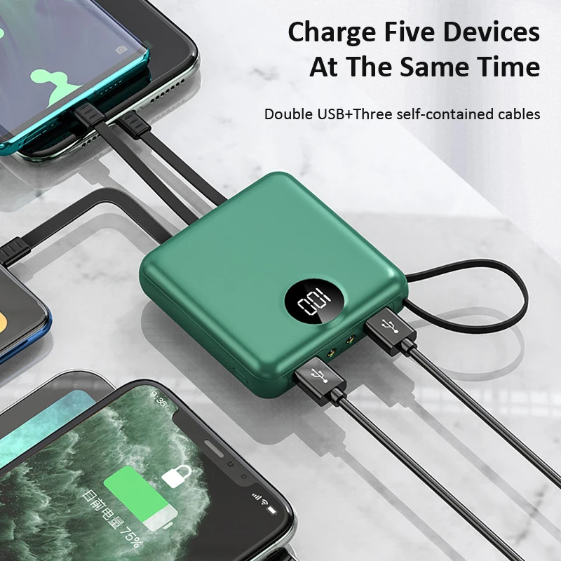 Mini Power Bank Portable Charger Digital Display 20000mAh External Battery Built in 4 Cables Powerbank Dual LED Light Powerbank